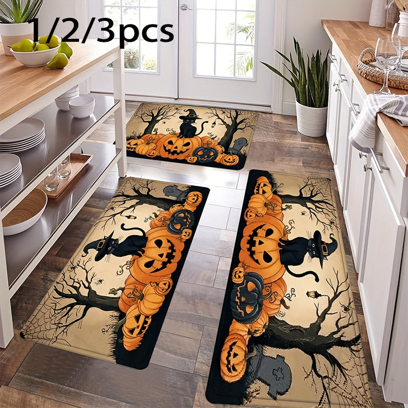 1/2/3pcs Set Spooky Black & Golden Halloween Mat Set with Jack-O-Lanterns, Bats & Witches Hats - Non-Slip Soft Kitchen Rugs, Beige & Black Floor Mat for Bathroom, Bedroom, Living Room, Dining Room, Porch - Easy Clean Floor De