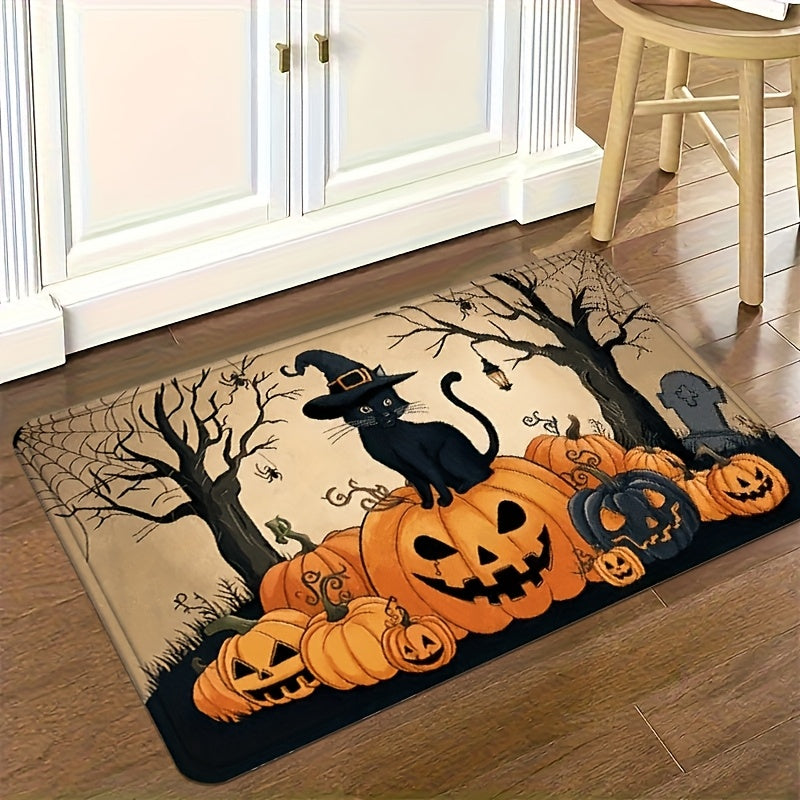 1/2/3pcs Set Spooky Black & Golden Halloween Mat Set with Jack-O-Lanterns, Bats & Witches Hats - Non-Slip Soft Kitchen Rugs, Beige & Black Floor Mat for Bathroom, Bedroom, Living Room, Dining Room, Porch - Easy Clean Floor De
