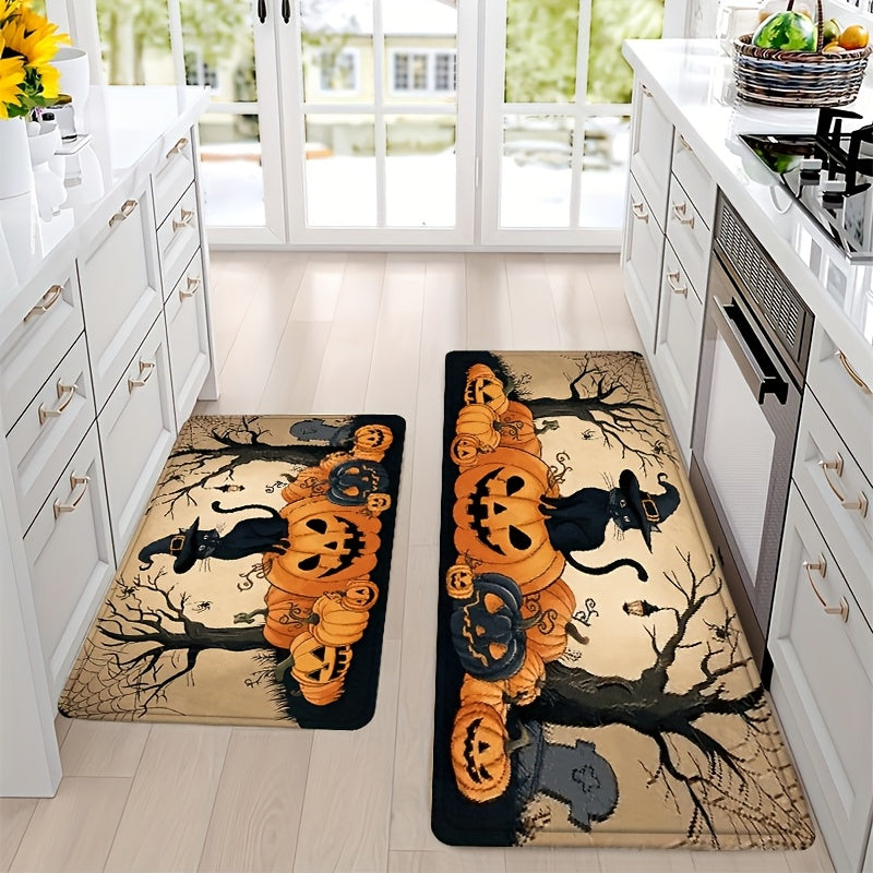 1/2/3pcs Set Spooky Black & Golden Halloween Mat Set with Jack-O-Lanterns, Bats & Witches Hats - Non-Slip Soft Kitchen Rugs, Beige & Black Floor Mat for Bathroom, Bedroom, Living Room, Dining Room, Porch - Easy Clean Floor De