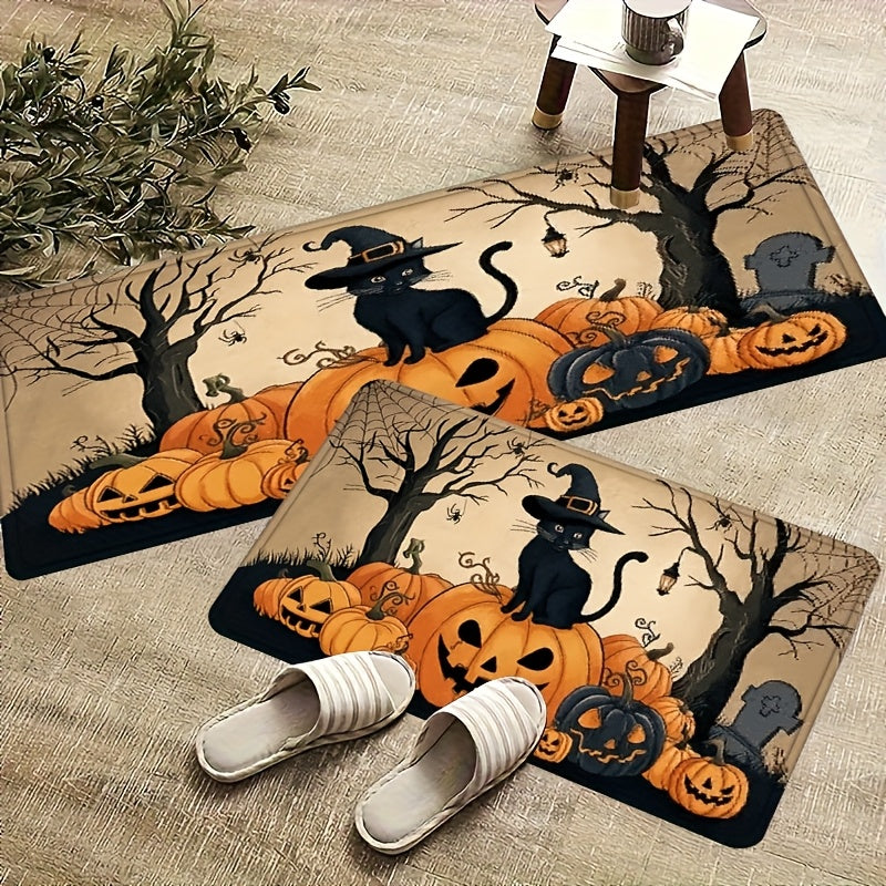 1/2/3pcs Set Spooky Black & Golden Halloween Mat Set with Jack-O-Lanterns, Bats & Witches Hats - Non-Slip Soft Kitchen Rugs, Beige & Black Floor Mat for Bathroom, Bedroom, Living Room, Dining Room, Porch - Easy Clean Floor De