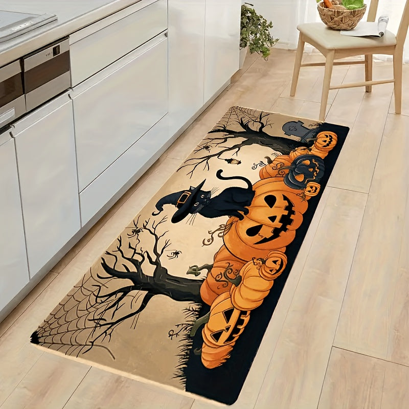 1/2/3pcs Set Spooky Black & Golden Halloween Mat Set with Jack-O-Lanterns, Bats & Witches Hats - Non-Slip Soft Kitchen Rugs, Beige & Black Floor Mat for Bathroom, Bedroom, Living Room, Dining Room, Porch - Easy Clean Floor De