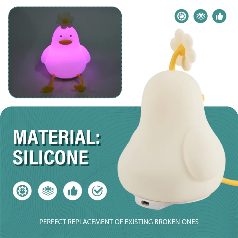 A76I-Flower Duck Night Light 3 Colors Silicone Night Lights 1200Mah Rechargeable Cute Lamp For Living Room