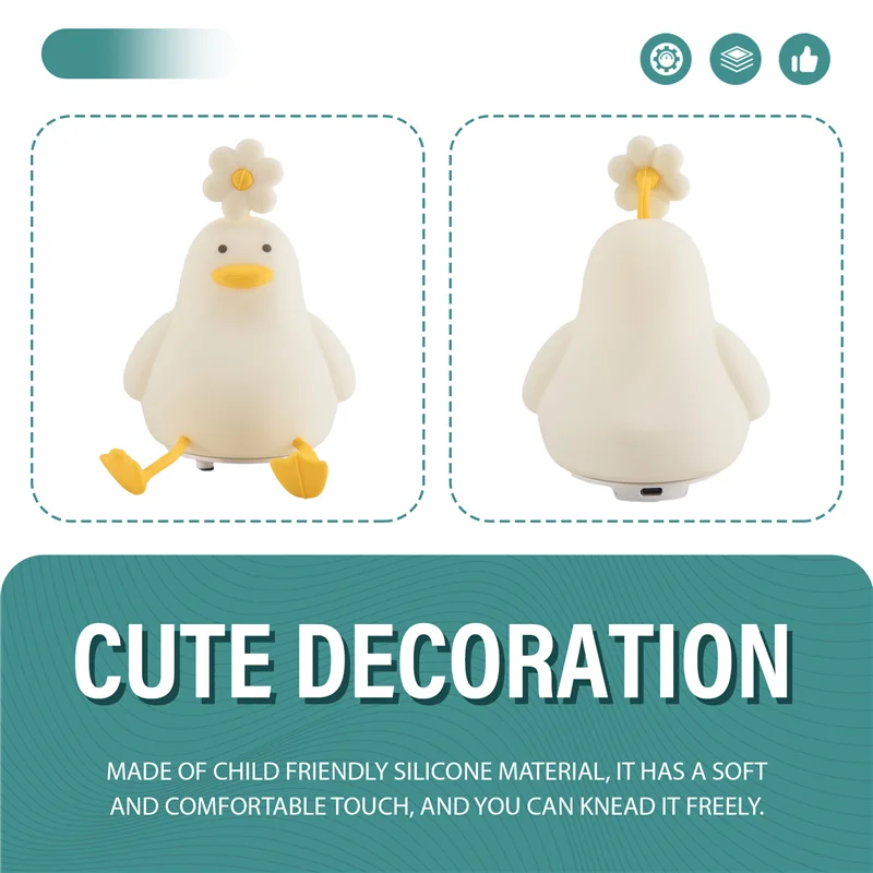 A76I-Flower Duck Night Light 3 Colors Silicone Night Lights 1200Mah Rechargeable Cute Lamp For Living Room