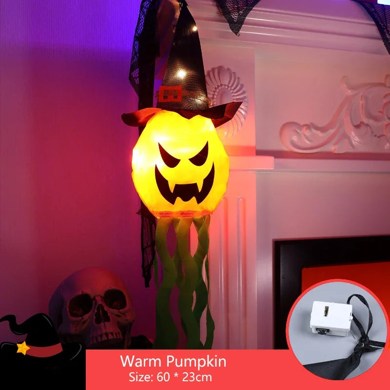 Pumpkin LED Halloween Decoration Flashing Light Gypsophila Ghost Festival Dress Up Glowing Ghost Hat Lamp Decor Hanging Lantern