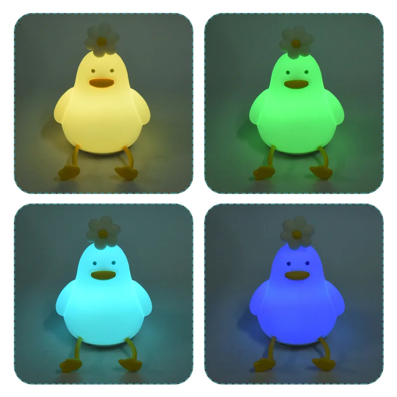 A76I-Flower Duck Night Light 3 Colors Silicone Night Lights 1200Mah Rechargeable Cute Lamp For Living Room