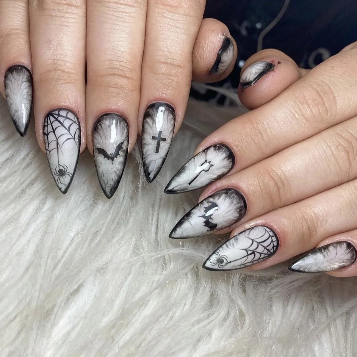 2025 Halloween False Nails Black Gothic Punk Almond Coffin Press on Nails Women Rose Flower Bat Ghost Print Design False Nails