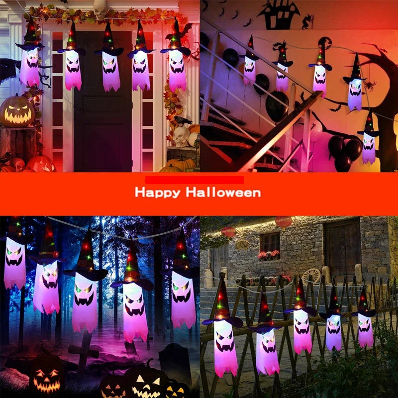 Pumpkin LED Halloween Decoration Flashing Light Gypsophila Ghost Festival Dress Up Glowing Ghost Hat Lamp Decor Hanging Lantern