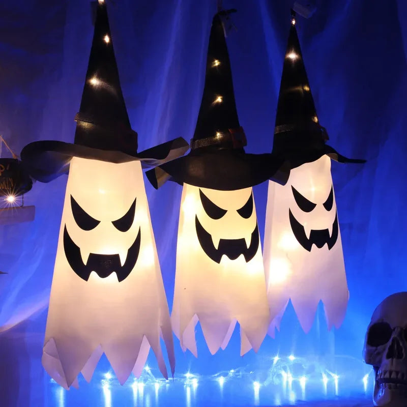 Pumpkin LED Halloween Decoration Flashing Light Gypsophila Ghost Festival Dress Up Glowing Ghost Hat Lamp Decor Hanging Lantern