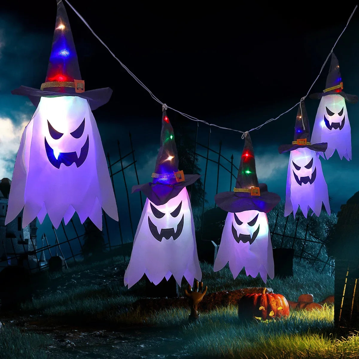 Pumpkin LED Halloween Decoration Flashing Light Gypsophila Ghost Festival Dress Up Glowing Ghost Hat Lamp Decor Hanging Lantern