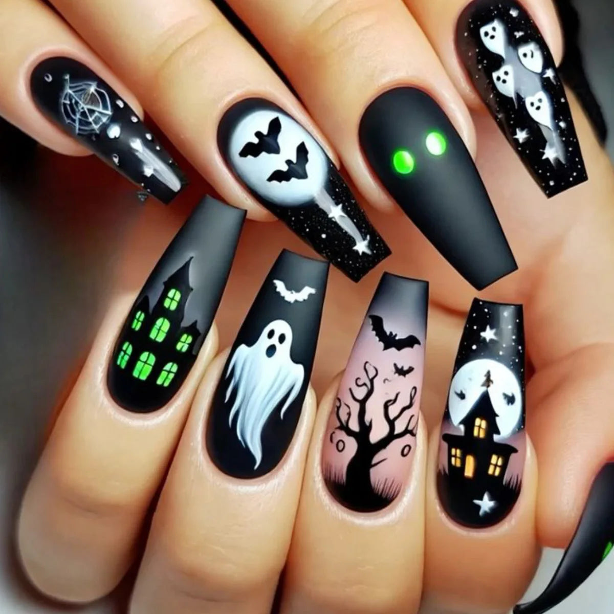 2025 Halloween False Nails Black Gothic Punk Almond Coffin Press on Nails Women Rose Flower Bat Ghost Print Design False Nails