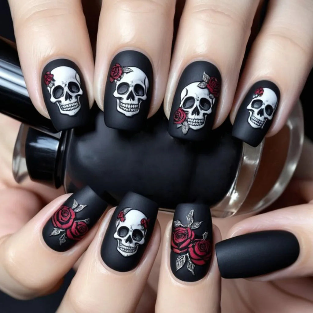 2025 Halloween False Nails Black Gothic Punk Almond Coffin Press on Nails Women Rose Flower Bat Ghost Print Design False Nails
