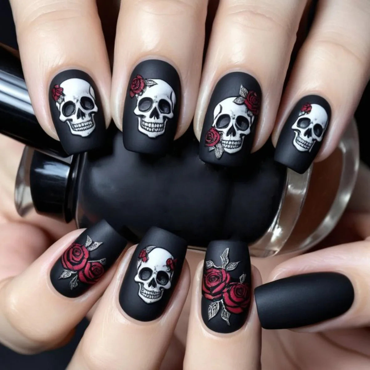2025 Halloween False Nails Black Gothic Punk Almond Coffin Press on Nails Women Rose Flower Bat Ghost Print Design False Nails