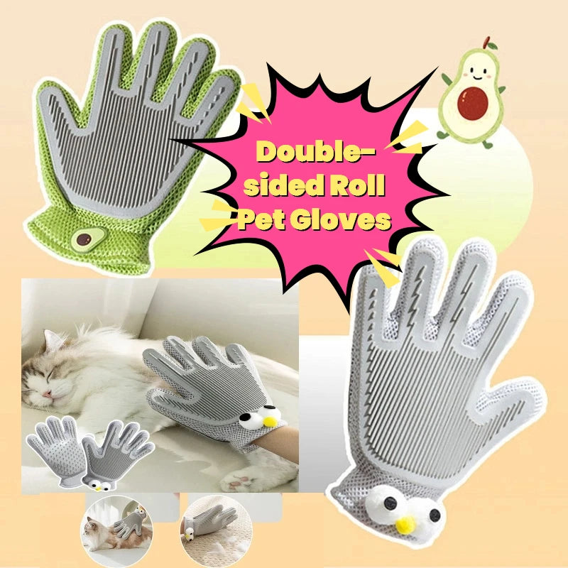 Double-sided Roll Pet Gloves Cat Dog Hair Removal Gloves Dog Grooming Bath Brush Silicone Hair Removal Comb Supplies For Dogs