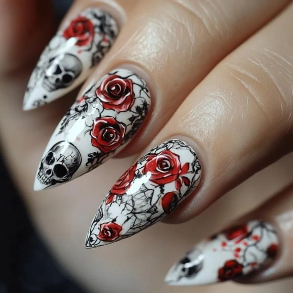 2025 Halloween False Nails Black Gothic Punk Almond Coffin Press on Nails Women Rose Flower Bat Ghost Print Design False Nails