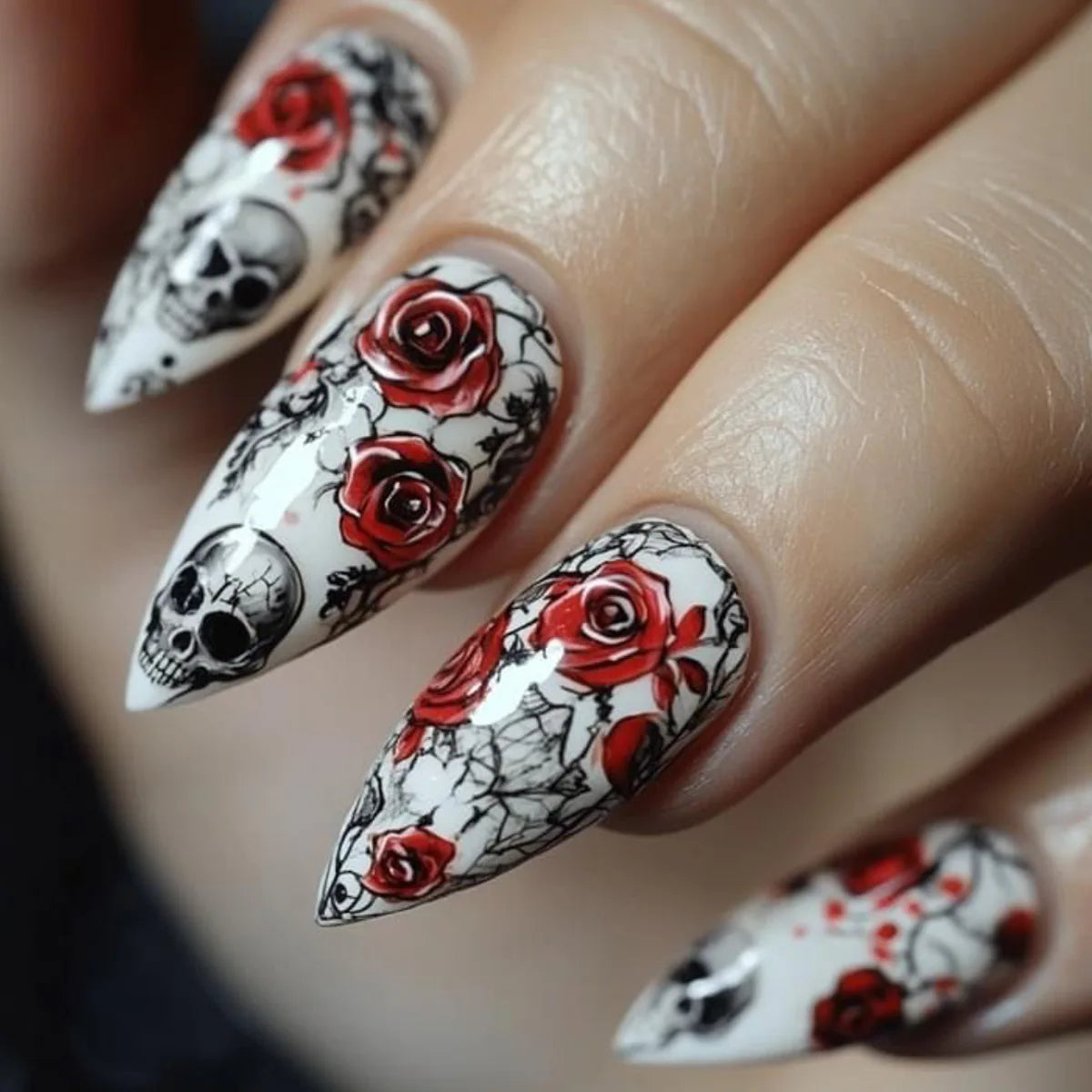 2025 Halloween False Nails Black Gothic Punk Almond Coffin Press on Nails Women Rose Flower Bat Ghost Print Design False Nails