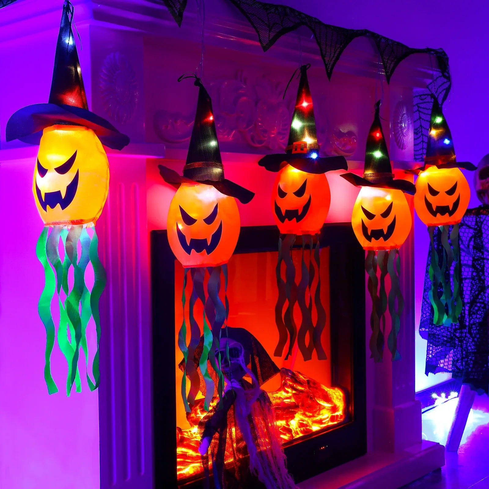 Pumpkin LED Halloween Decoration Flashing Light Gypsophila Ghost Festival Dress Up Glowing Ghost Hat Lamp Decor Hanging Lantern
