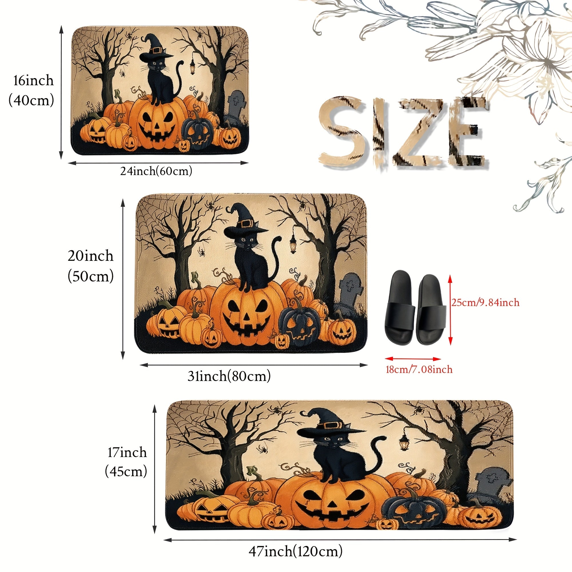 1/2/3pcs Set Spooky Black & Golden Halloween Mat Set with Jack-O-Lanterns, Bats & Witches Hats - Non-Slip Soft Kitchen Rugs, Beige & Black Floor Mat for Bathroom, Bedroom, Living Room, Dining Room, Porch - Easy Clean Floor De