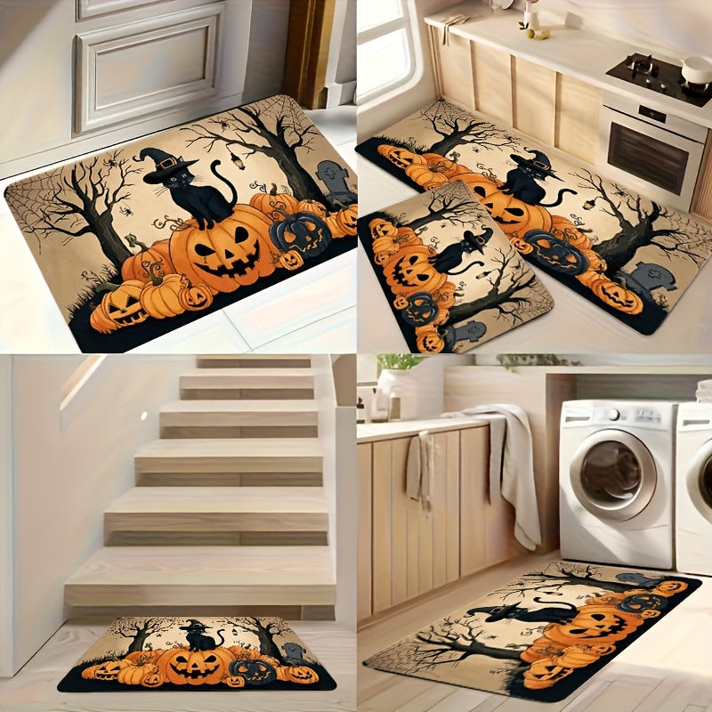 1/2/3pcs Set Spooky Black & Golden Halloween Mat Set with Jack-O-Lanterns, Bats & Witches Hats - Non-Slip Soft Kitchen Rugs, Beige & Black Floor Mat for Bathroom, Bedroom, Living Room, Dining Room, Porch - Easy Clean Floor De