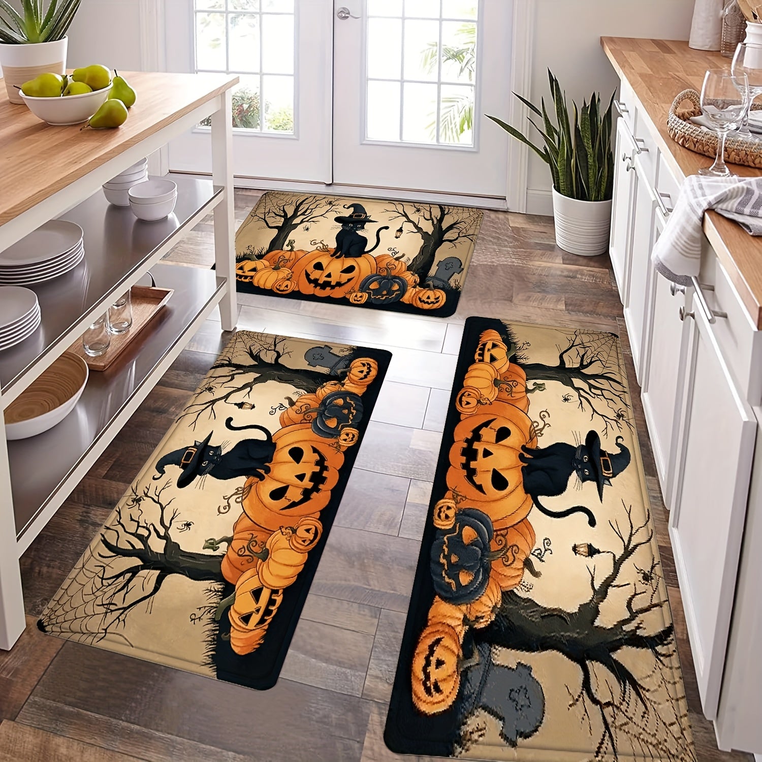 1/2/3pcs Set Spooky Black & Golden Halloween Mat Set with Jack-O-Lanterns, Bats & Witches Hats - Non-Slip Soft Kitchen Rugs, Beige & Black Floor Mat for Bathroom, Bedroom, Living Room, Dining Room, Porch - Easy Clean Floor De