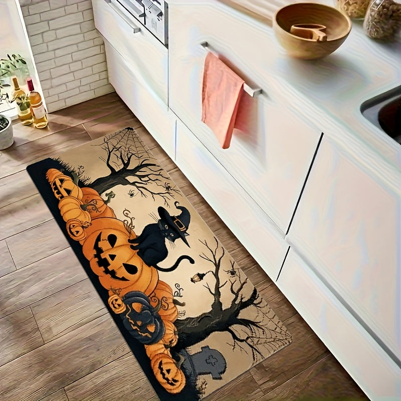 1/2/3pcs Set Spooky Black & Golden Halloween Mat Set with Jack-O-Lanterns, Bats & Witches Hats - Non-Slip Soft Kitchen Rugs, Beige & Black Floor Mat for Bathroom, Bedroom, Living Room, Dining Room, Porch - Easy Clean Floor De